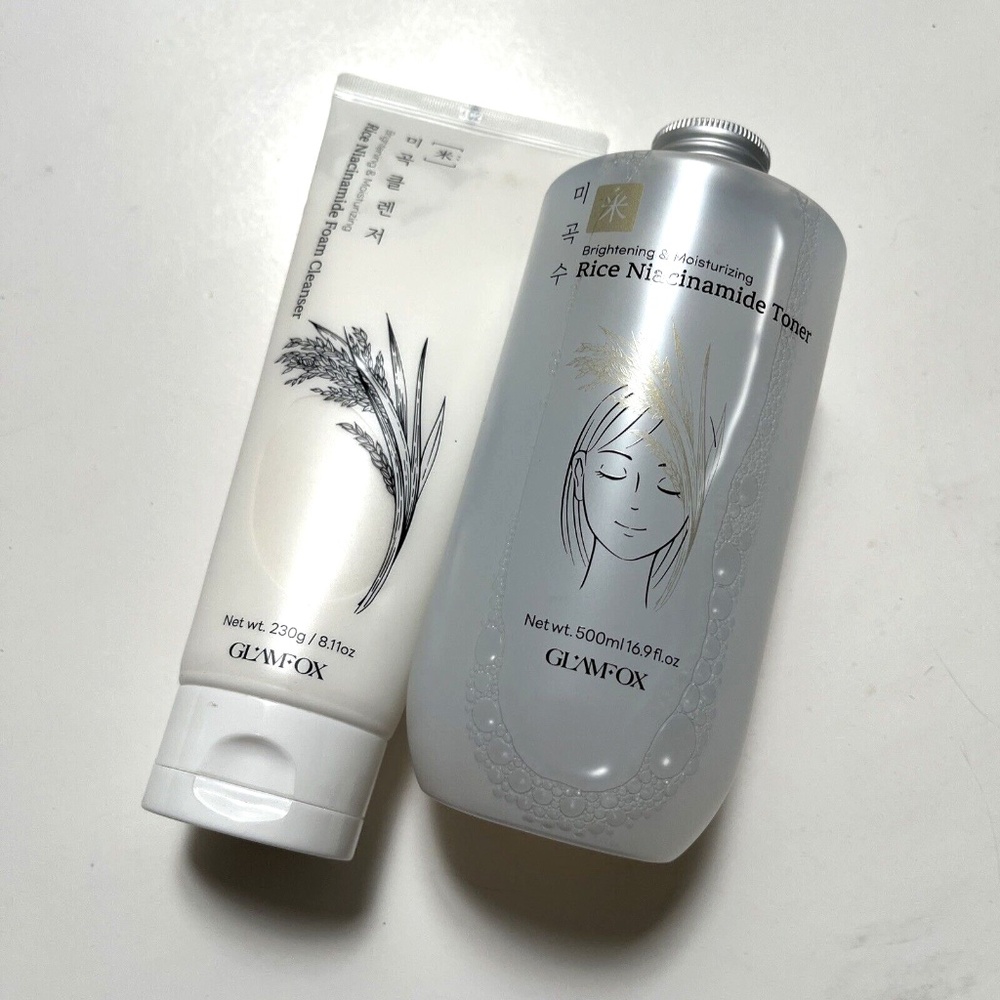 Bundle New 2pc Korean Glamfox Rice Niacinamide Foam Cleanser + Toner K-Beauty